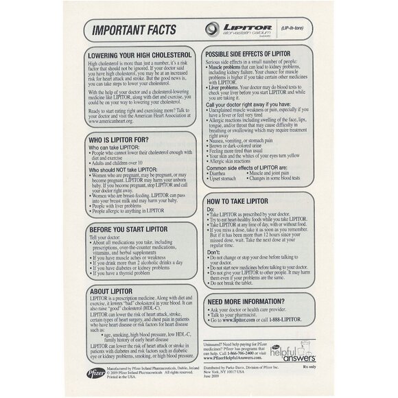 Lipitor Cholesterol Medication Information Brochure Full Page Ad u Facts - Picture 1 of 1